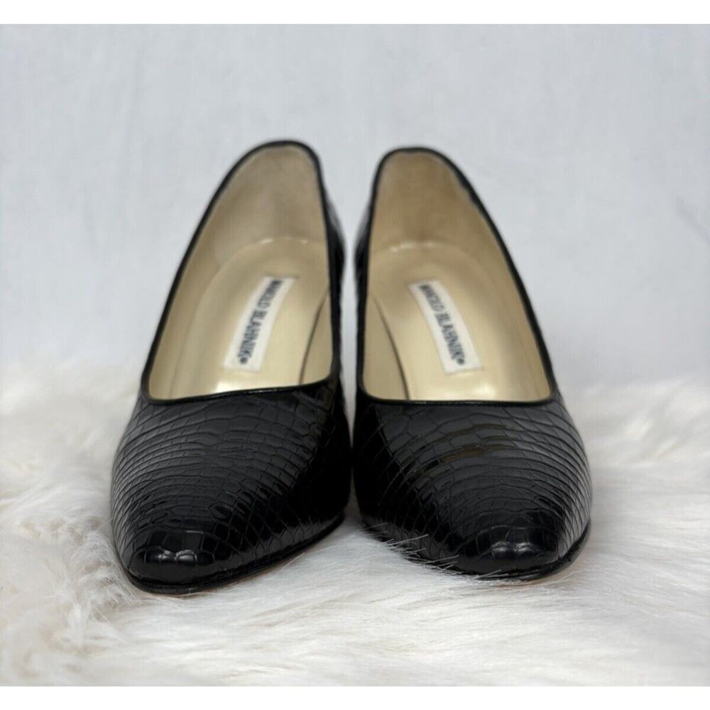 Manolo Blahnik Stiletto Pointed Toe Pumps Black Alligator Crocodile Size 37 - Picture 9 of 10